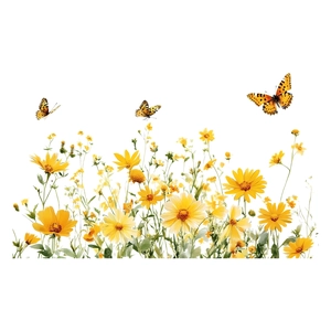 Watercolor wall sticker with vibrant yellow flowers and butterflies on a white background