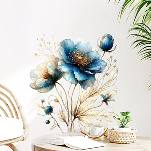 Sticker mural floral bleu détaillé avec des lignes dorées pour une décoration moderne