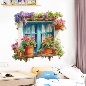 Detailed close-up of 3D pastoral wall sticker featuring blue wooden window and potted flowers