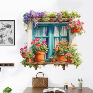Detailed view of 3D window wall sticker with potted flowers on a white living room wall