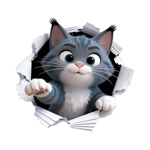 Adesivo da parete 3D gatto grigio carino con occhi blu che rompe attraverso un muro bianco