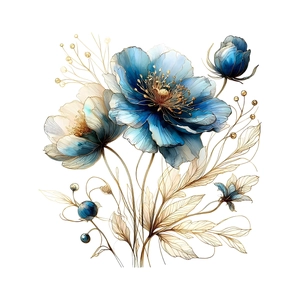 Stickers muraux fleurs bleues et champagne avec accents de feuilles dorées élégantes