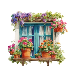 Watercolor window flower pot wall sticker with pink geraniums and purple wisteria art