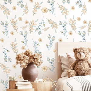 Self-adhesive floral wallpaper with blue and beige flowers for bedroom wall decor