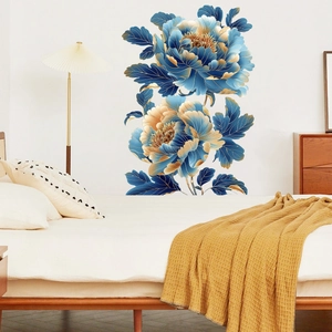 Blue and gold peony wall stickers set for living room decor with floral design