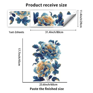 Blue peony floral wall stickers for home decor with product size measurements