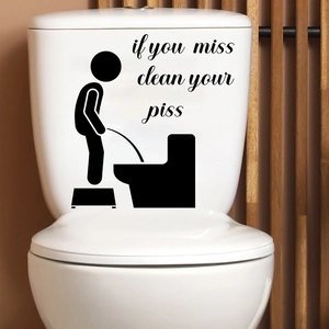 Sticker toilette drôle avec silhouette et texte humoristique sur réservoir blanc