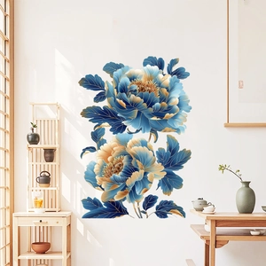 Elegant blue peony wall decals with gold outlines for minimalist living room decor