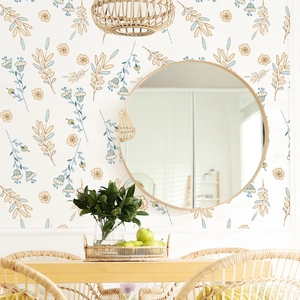 Detailed view of self-adhesive floral wallpaper with soft beige and blue leaves pattern