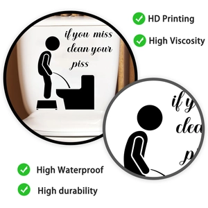 Sticker WC humoristique avec silhouette et texte 'if you miss clean your piss' créatif