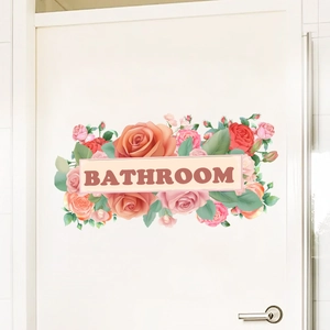 Floral Bathroom door sticker with colorful roses and Bathroom text for home decor