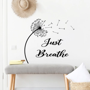Just Breathe dandelion wall decal in black vinyl for minimalist home living room decor
