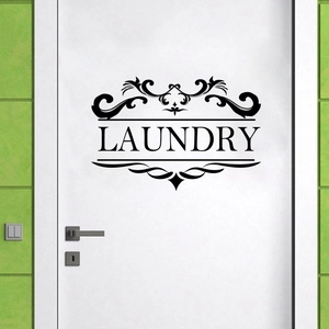 Elegant black LAUNDRY vinyl wall decal with scroll design for laundry room door decoration