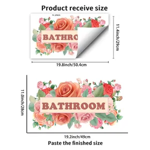 Floral bathroom wall sticker with pink roses and text including size chart details