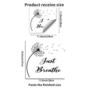 Just Breathe dandelion wall sticker with receive size and finish size dimensions