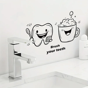 Badezimmer Wandtattoo mit Brush Your Teeth Schriftzug und Cartoon Zahnbürsten Motiv