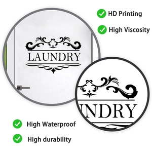 Detail showing HD printed LAUNDRY wall decal with elegant scroll patterns on a white door