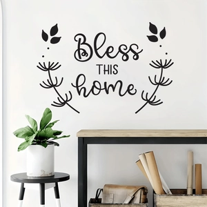 Minimalist black vinyl wall decal featuring Bless This Home quote and floral patterns