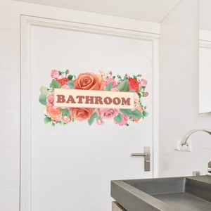 Floral bathroom door sticker with pink roses and bold Bathroom text for home decor