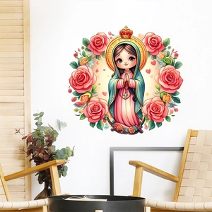 Cartoon Virgin Mary wall sticker with pink roses shown on white wall above a wooden chair