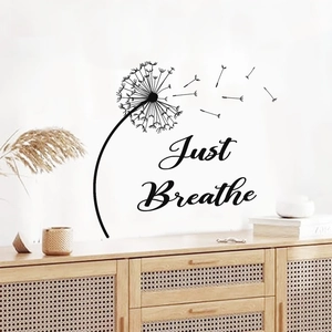 Minimalist black dandelion wall decal with Just Breathe lettering for home wall decor