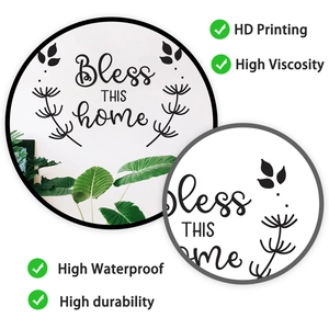 Detail of waterproof wall decal featuring Bless THIS home quote with floral leaf accents