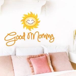 Sticker mural soleil souriant avec citation Good Morning pour déco de chambre d'enfant