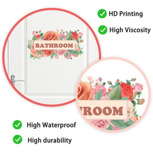 Macro shot of floral bathroom door sticker with HD printing of pink and orange roses
