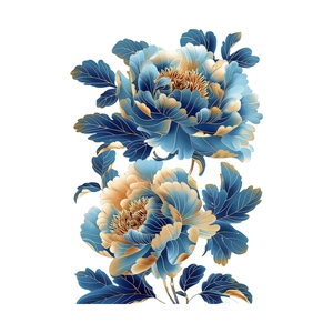 Blue peony flower wall stickers with gold edges for elegant bedroom home decoration