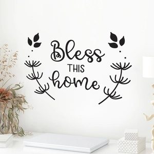 Detail of Bless THIS Home wall decal with botanical motifs in a modern study room
