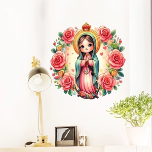 Close-up of a cartoon Virgin Mary wall sticker with pink roses in a home interior setting