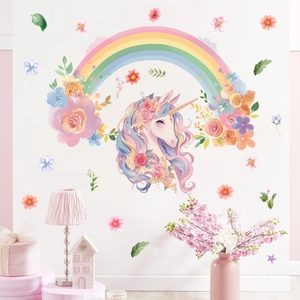 Dreamy Cartoon Unicorn Rainbow Wall Stickers Pink Floral Butterfly PVC Self Adhesive Wall Decals For Kids Girl Bedroom