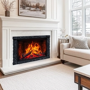 Nahaufnahme eines modernen Elektrokamins mit realistischen Flammen und schwarzem Rahmen
