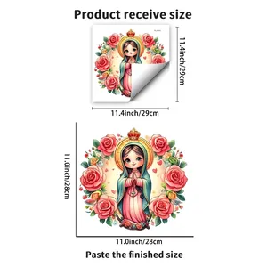 Cartoon Virgin Mary wall sticker with pink roses, self-adhesive PVC decor 28x28cm