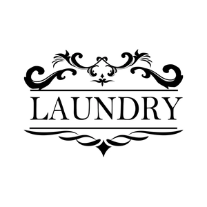 Elegant laundry room wall decal with decorative vintage scroll motifs in black color