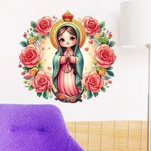 Cartoon Virgin Mary wall sticker with pink roses for living room or bedroom decor