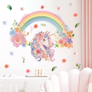 Watercolor unicorn wall sticker with rainbow and floral elements for girls room decor