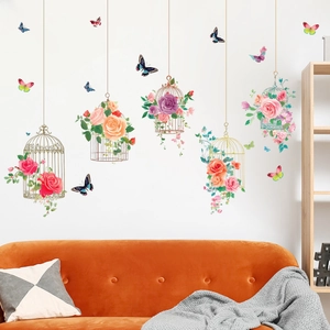 Floral birdcages and butterflies wall decals for home living room decoration