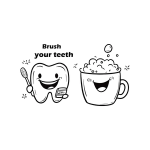 Minimalistischer Wandaufkleber mit Cartoon-Zahn und Brush your teeth Schriftzug