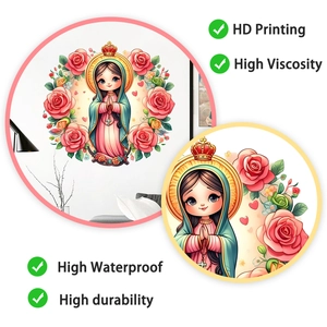 Close-up of HD printed cartoon Virgin Mary wall sticker with pink roses and waterproof PVC texture