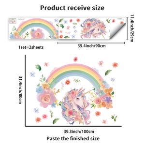 Watercolor unicorn and rainbow wall decals set with flowers for kids' room decoration