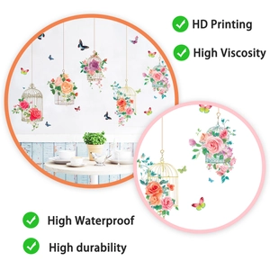 Detail of birdcage and flower wall stickers showing HD printing and waterproof texture