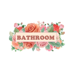 Floral bathroom door sign with colorful roses and greenery for home decoration