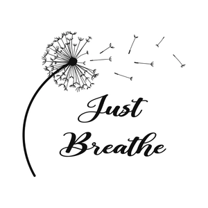 Just Breathe dandelion wall decal featuring black floral seeds flying in minimalist style