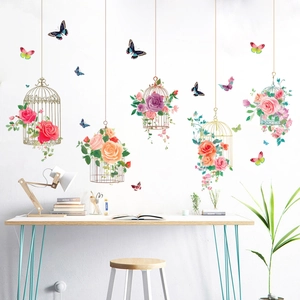 Vibrant birdcage flower and butterfly wall stickers for home living room decor