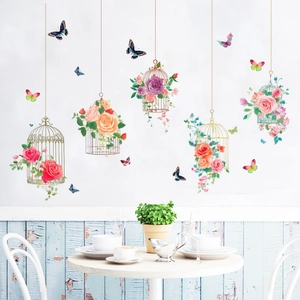 Pastoral Floral Birdcage Butterfly Wall Sticker Waterproof PVC Self Adhesive Home Decor For Living Room Kids Bedroom Art Decal