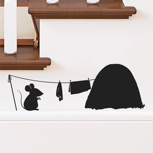 Funny black mouse hole wall sticker with silhouette mice and laundry for home decor