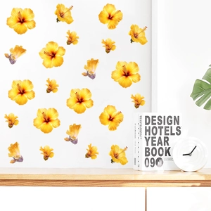 Adhesive yellow hibiscus flower wall stickers set for living room and bedroom decor