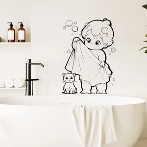 Cartoon Boy And Cat Bathing Wall Sticker Waterproof PVC Removable Bathroom Toilet Glass Decoration Line Art Decal Home Decor