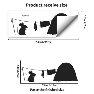 Detailed sizing guide showing layout and dimensions of black mouse hole wall sticker